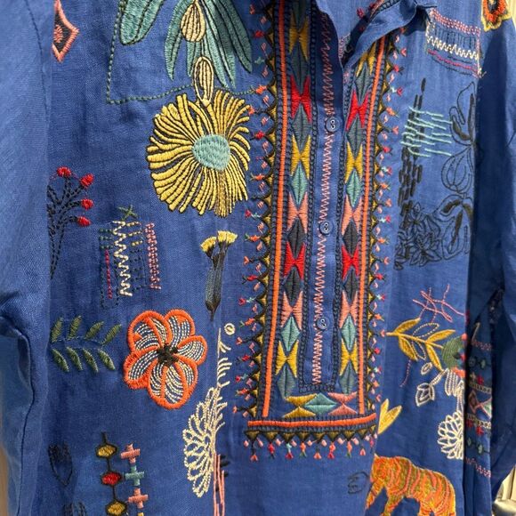 Johnny Was Biya Simmie Linen Animal Embroidered Blouse Size XL - Picture 6 of 8